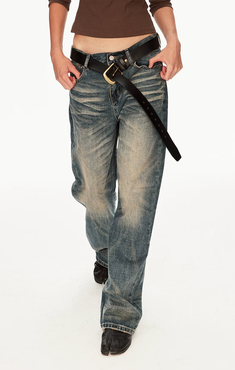 Vintage Wash Whiskered Distressed Straight Jeans - front walking detail