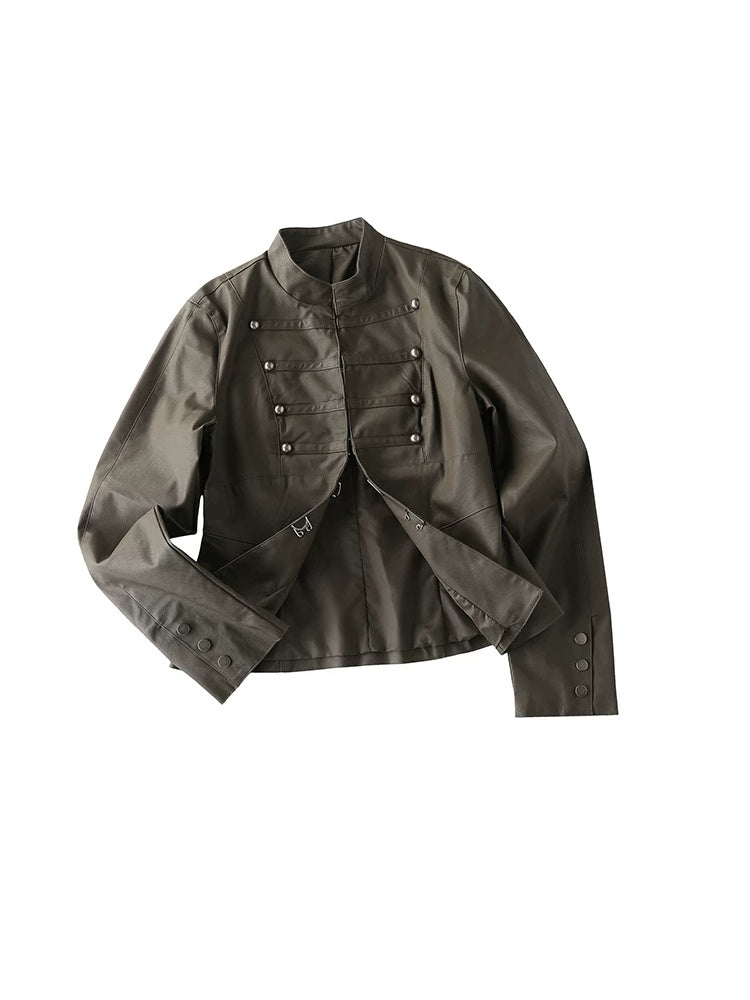 Napoleon Military Faux Leather Jacket - Olive flat lay