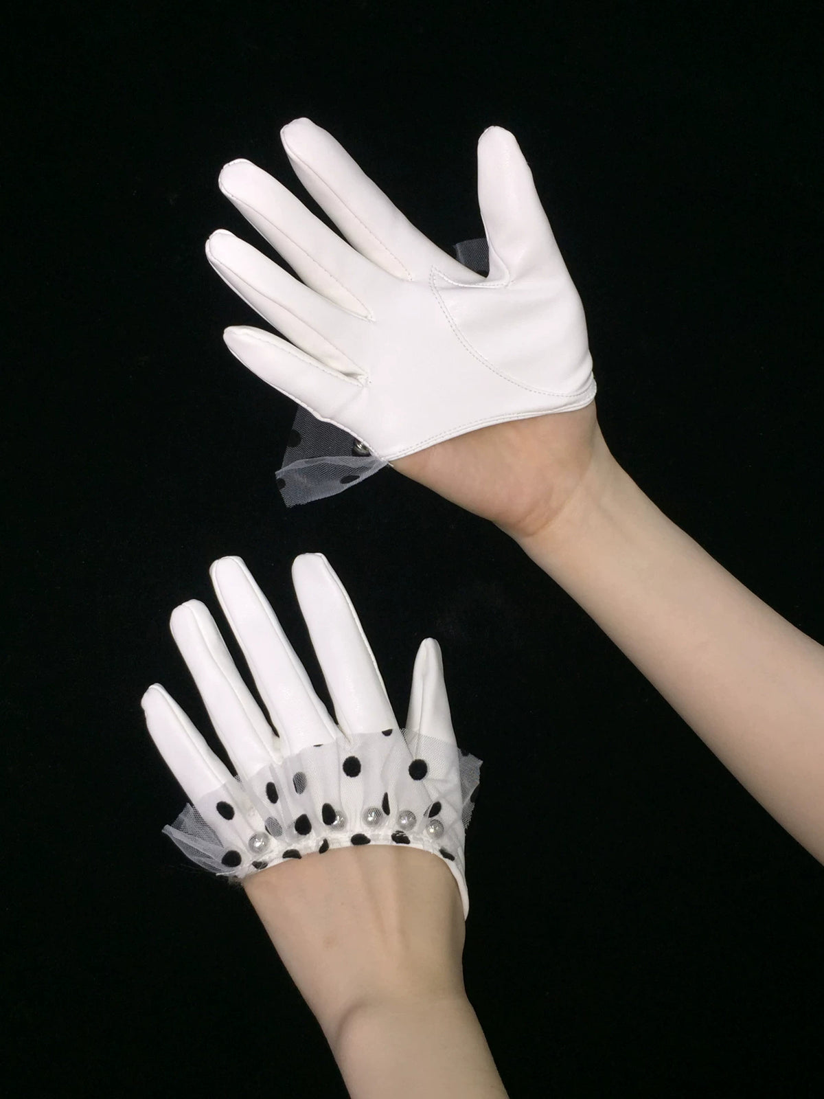 Polka Dot Mesh Ruffle Half-Hand Faux Leather Gloves - view 12