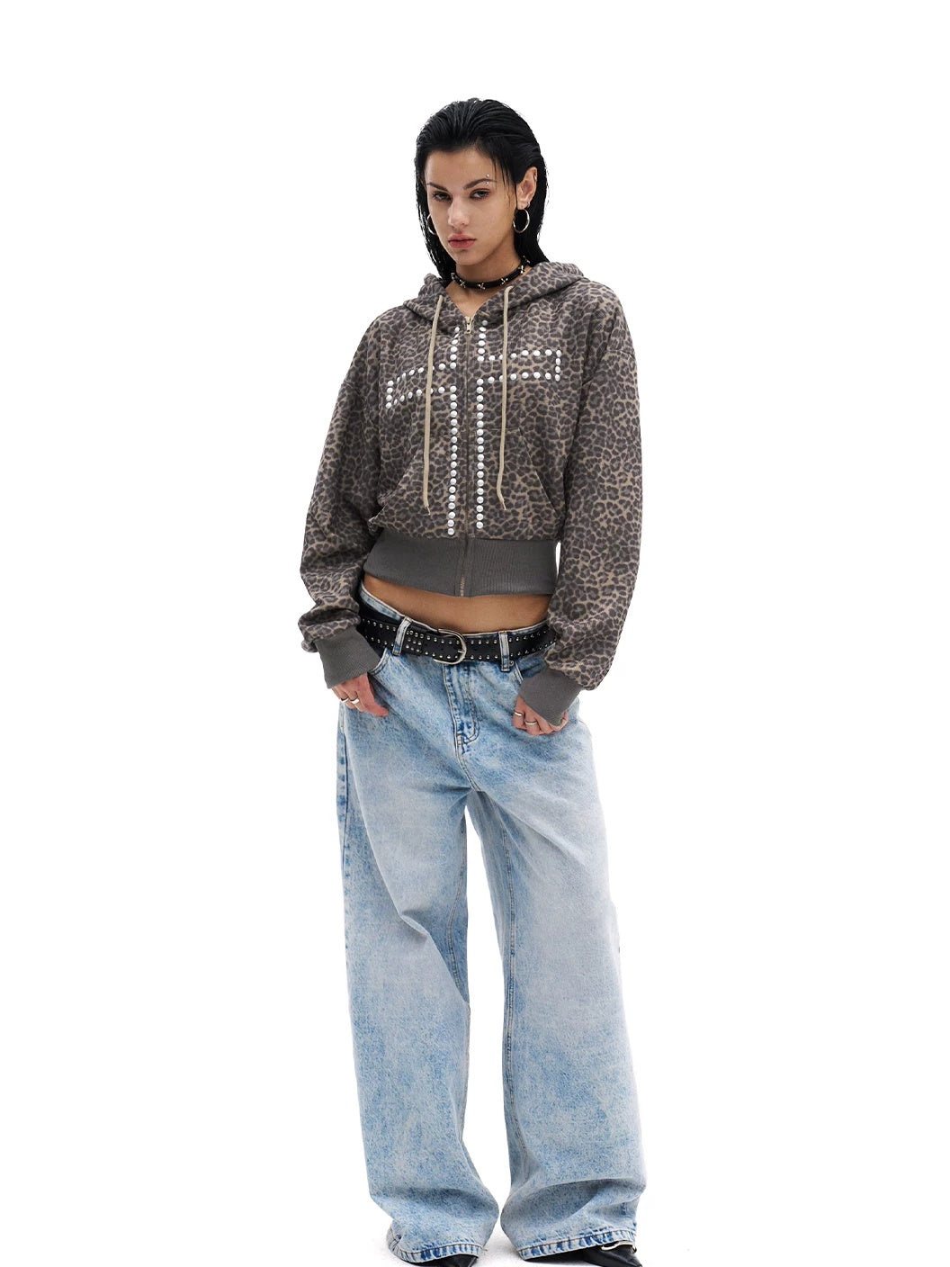 Leopard Studded Cross Cropped Zip-Up Hoodie - Khaki Leopard full outfit