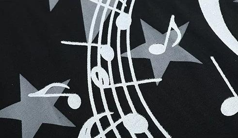 Glitter Music Note Star Long Sleeve Tee - Black print detail