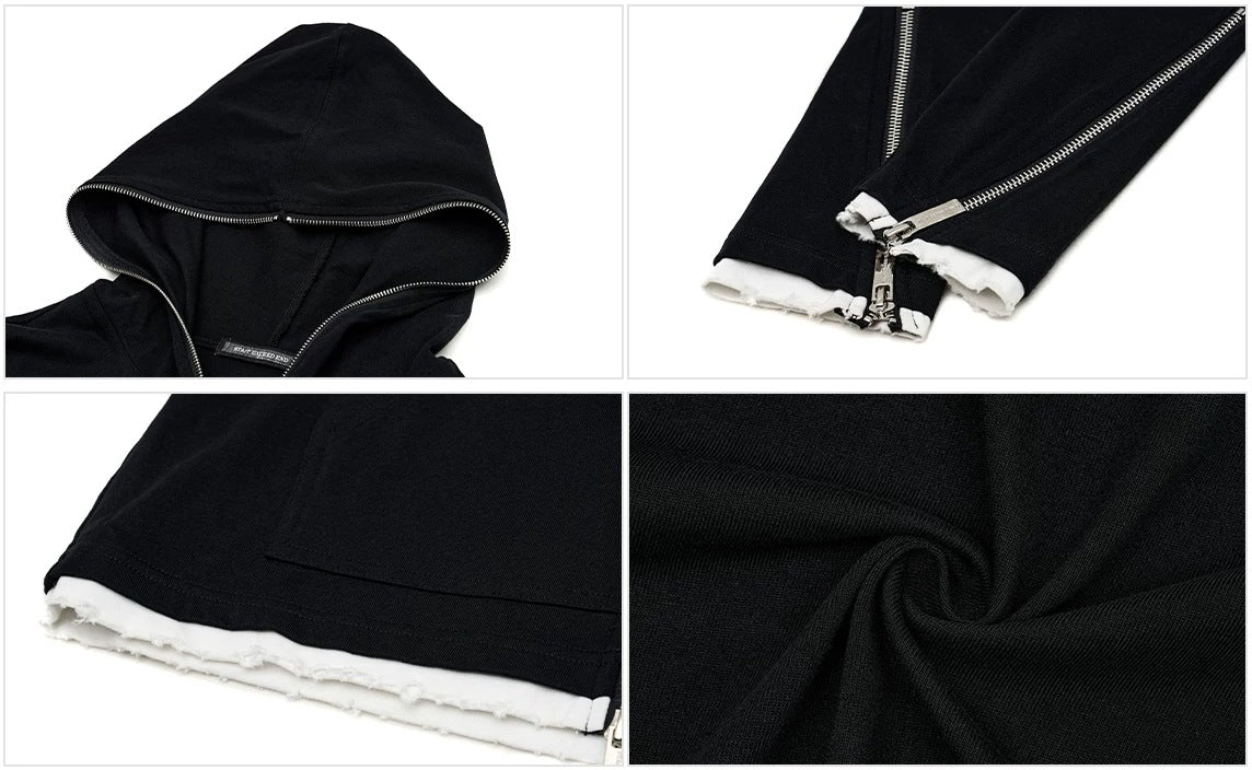 Studded Zip-Up Hoodie - Black hood, zip cuff and frayed hem details