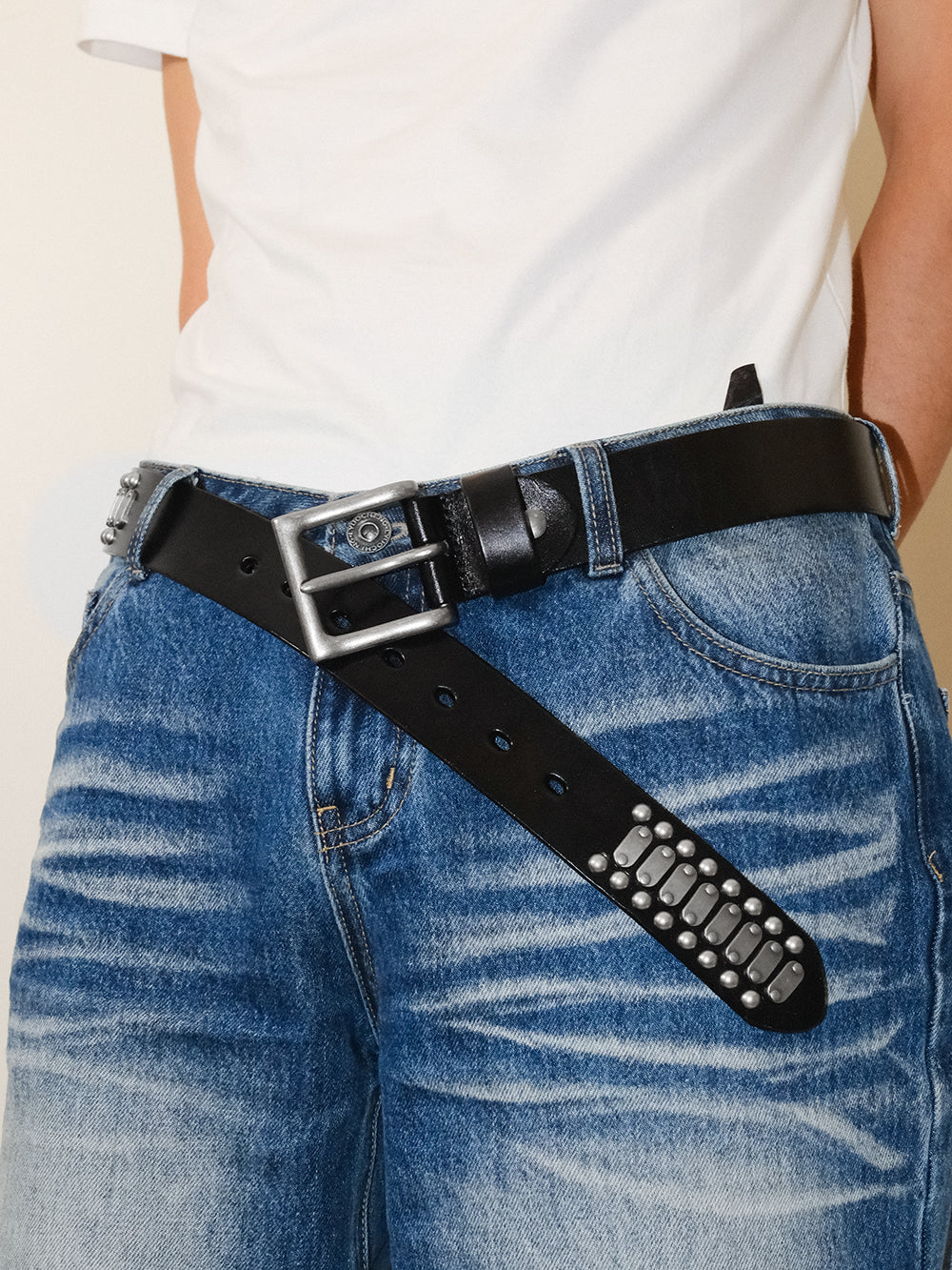 Genuine Leather Square Buckle Studded Belt
