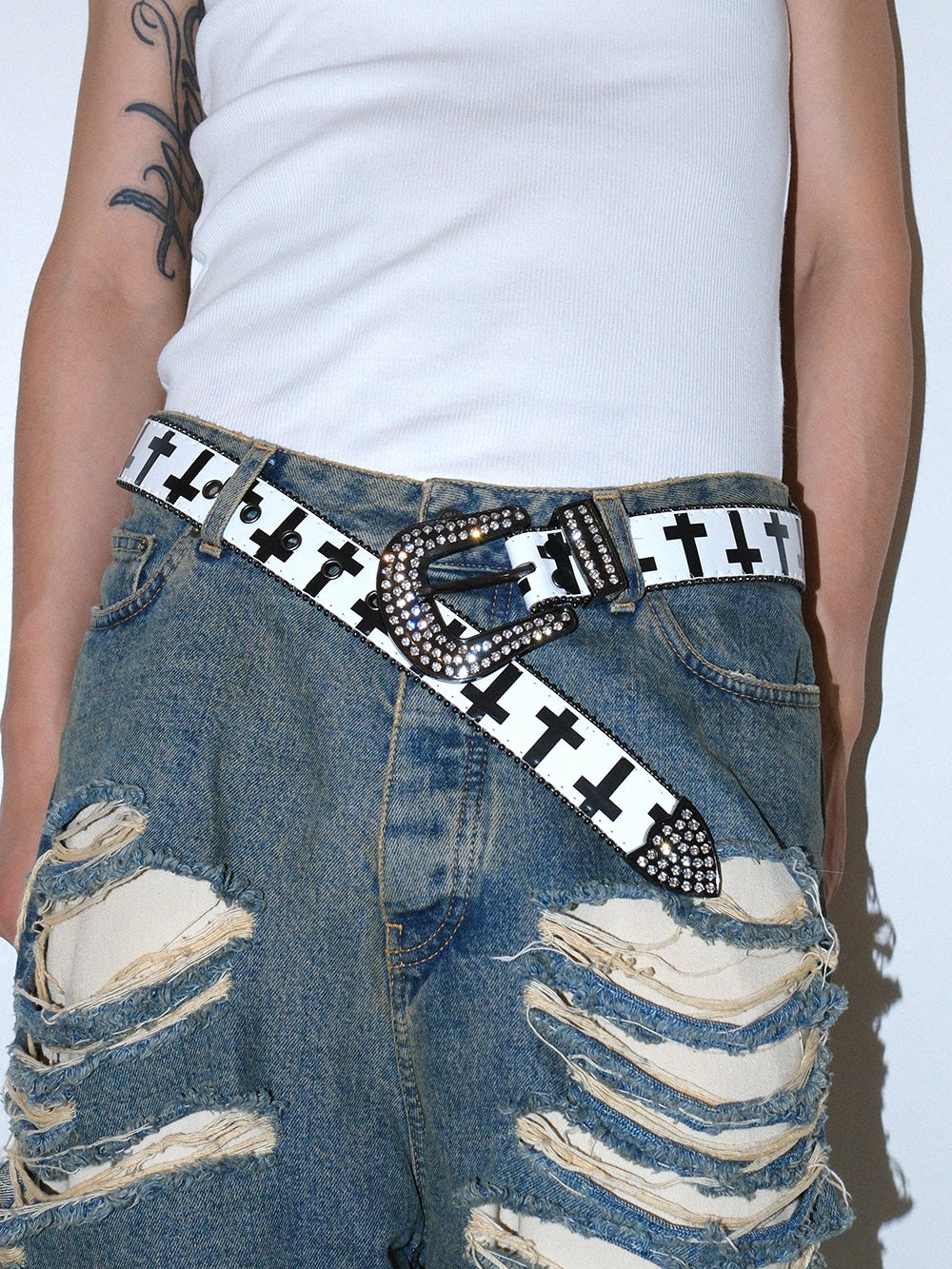 Y2K Gothic Rhinestone Cross Leather Belt