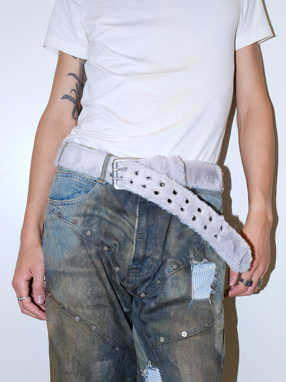Y2K Long Hair Fur Leather Studded Belt