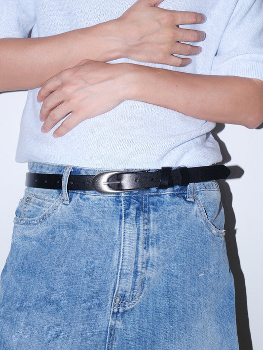 Genuine Leather Distressed Silver Buckle Slim Belt