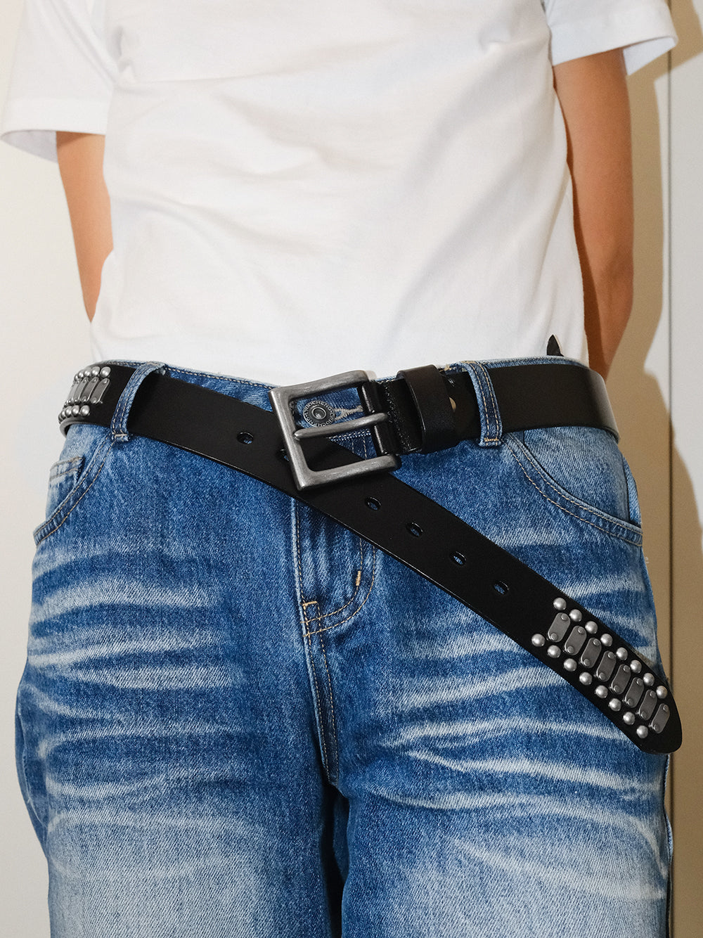 Genuine Leather Square Buckle Studded Belt