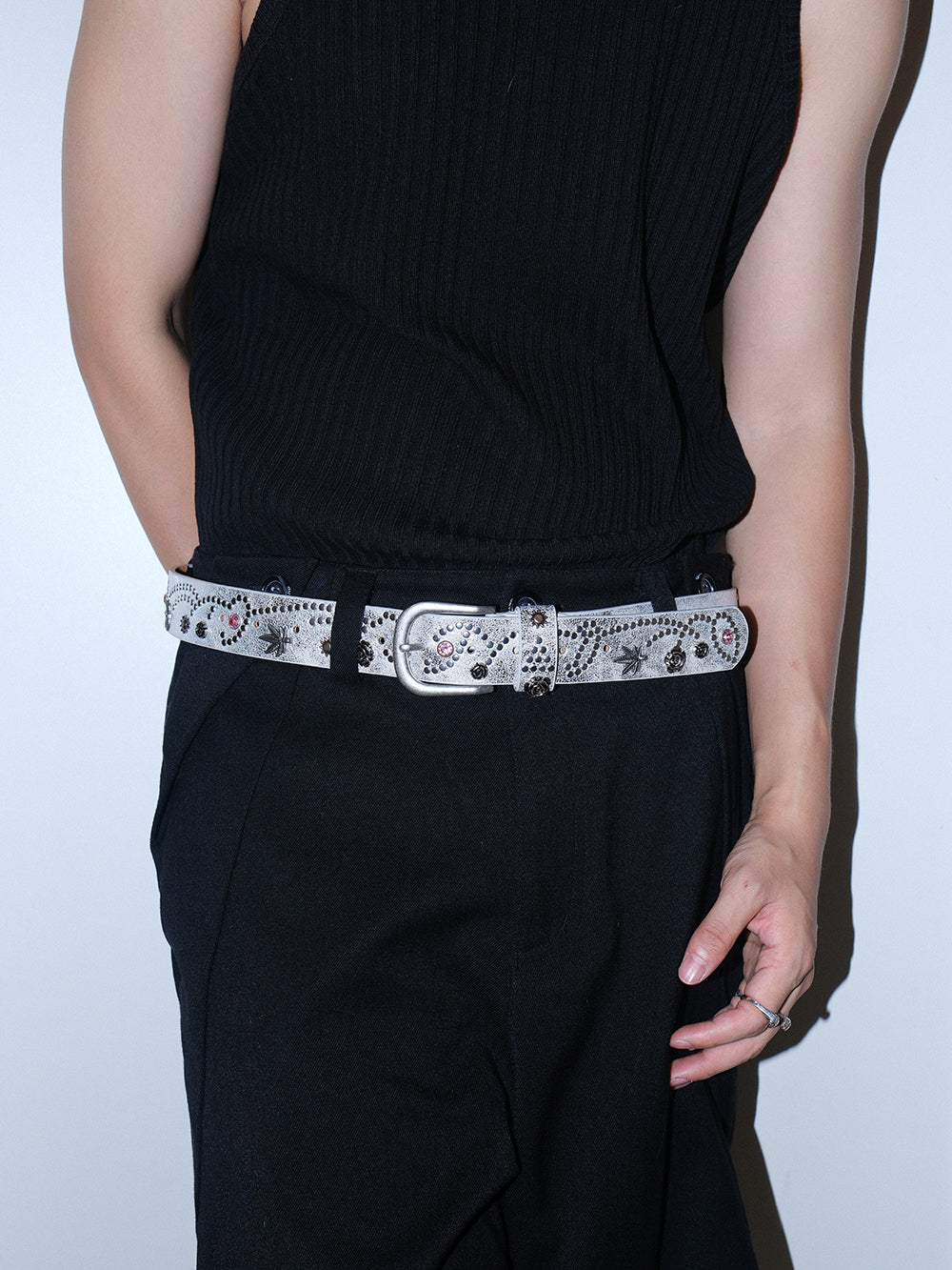 Distressed Floral Rhinestone Leather Belt