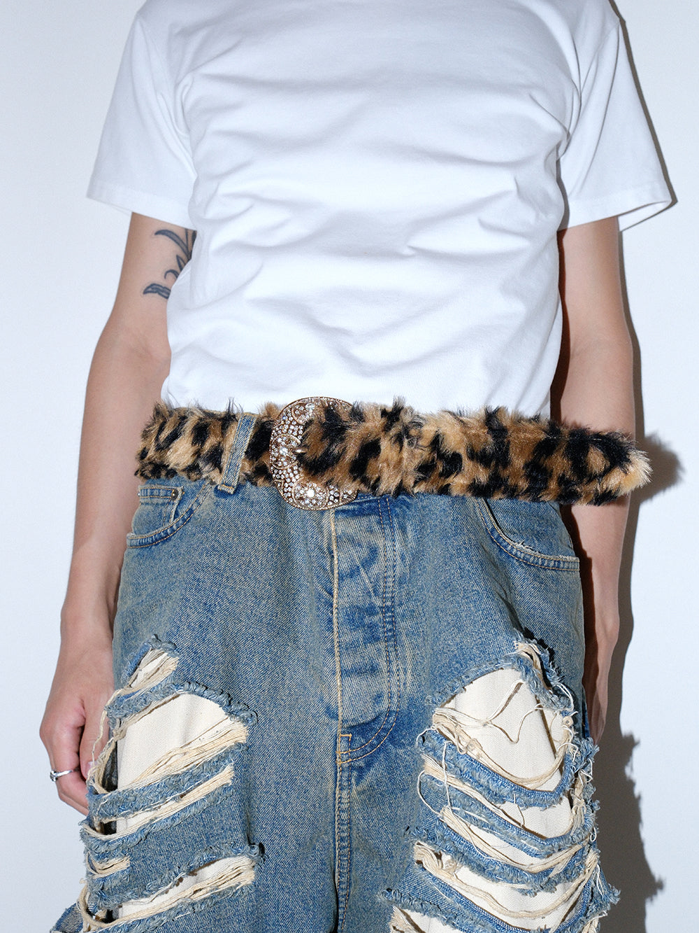 Y2K Retro Faux Fur Leopard Rhinestone Belt