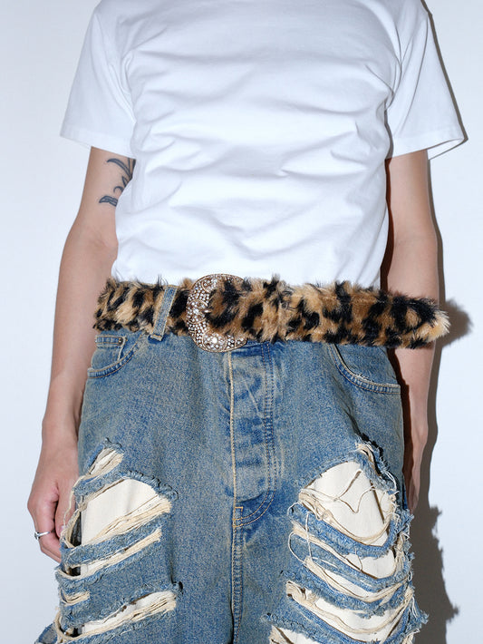 Y2Kレトロフェイクファーヒョウ柄ラインストーンベルト