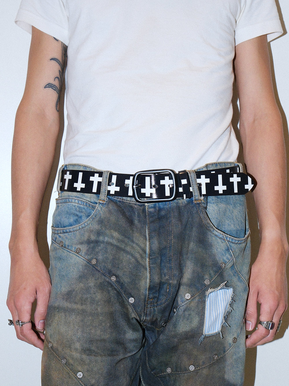 Punk Vintage Cross Print Distressed Leather Belt
