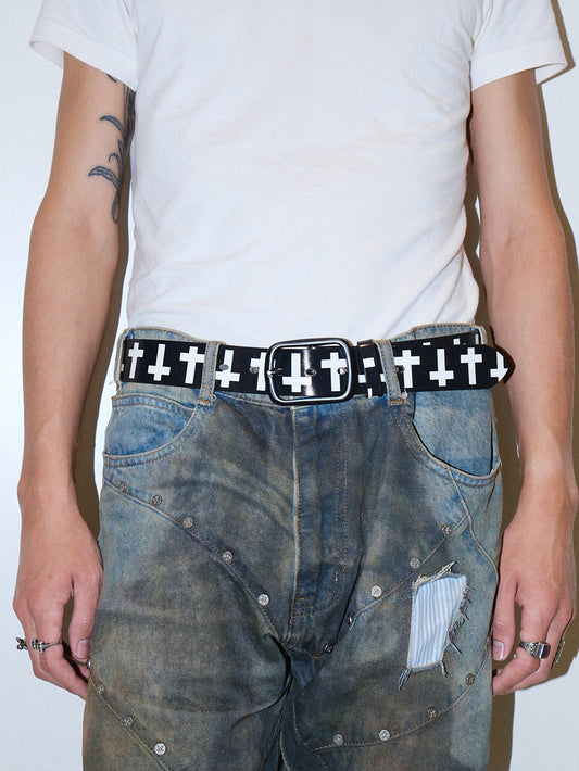 Punk Vintage Cross Print Distressed Leather Belt