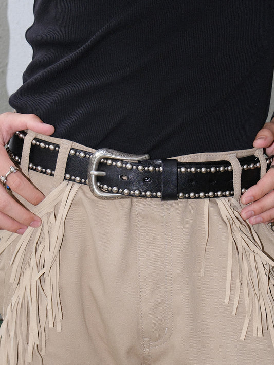 Genuine Leather Mixed Stud Carved Buckle Belt