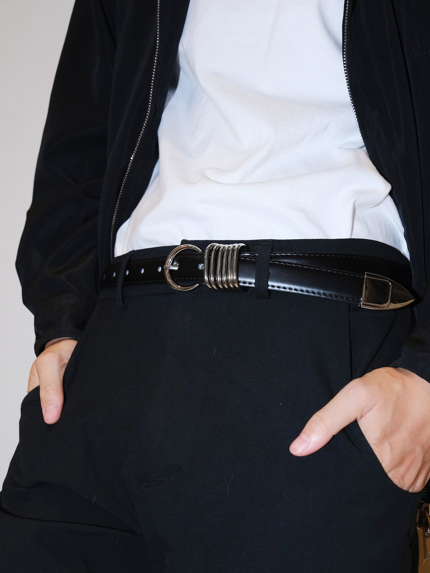 Minimalist Silver Ring Black Leather Belt