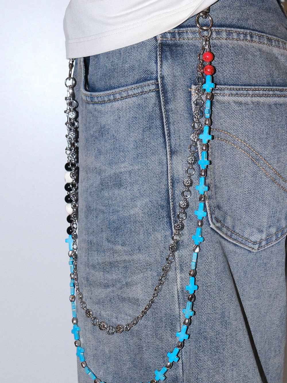 Blue Skull Cross Studded Pants Chain