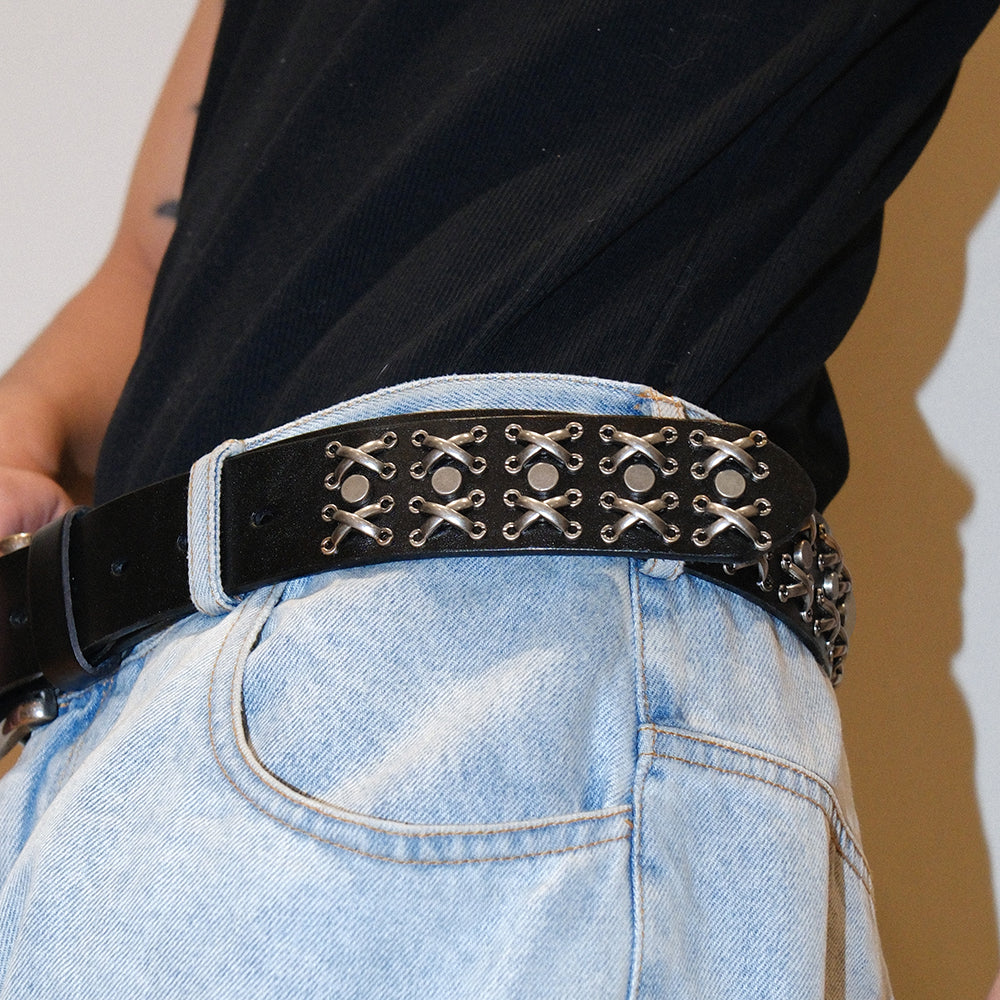 Genuine Leather Thorn Carved Studded Belt