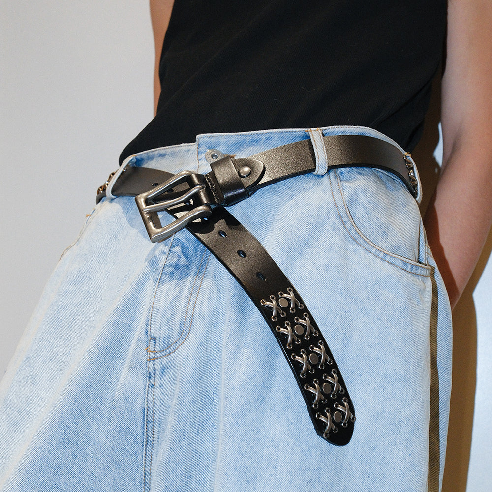 Genuine Leather Thorn Carved Studded Belt