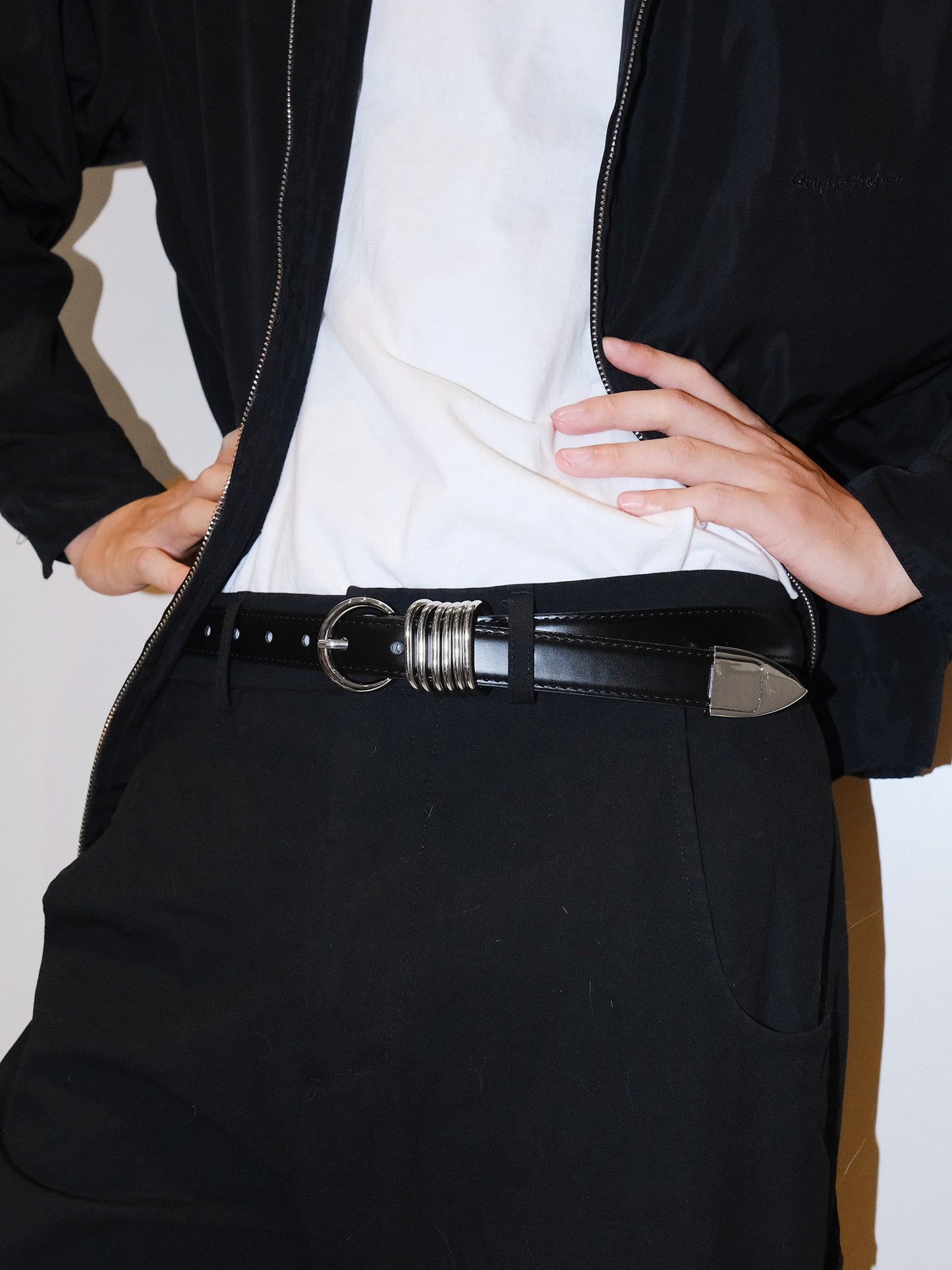 Minimalist Silver Ring Black Leather Belt