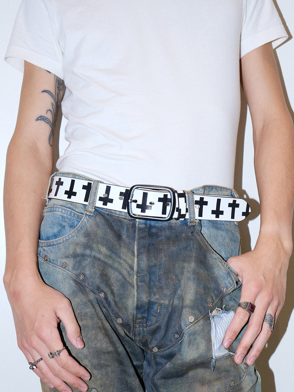 Punk Vintage Cross Print Distressed Leather Belt