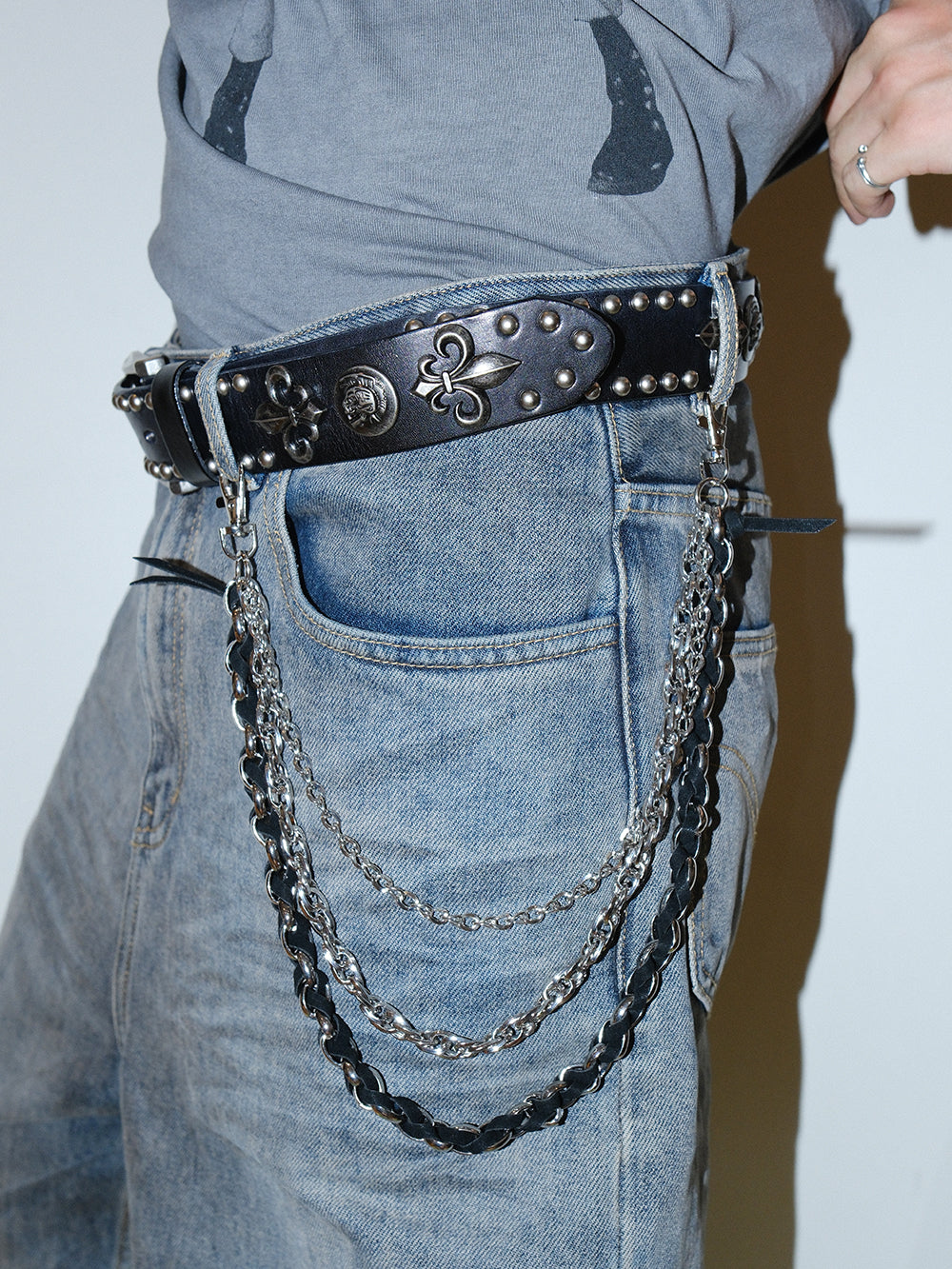 Braided Leather Triple Chain Metal Hook Pants Chain