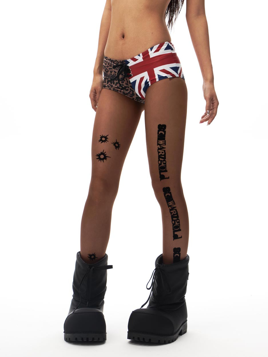 Distressed Letter Print Sheer Brown Tights