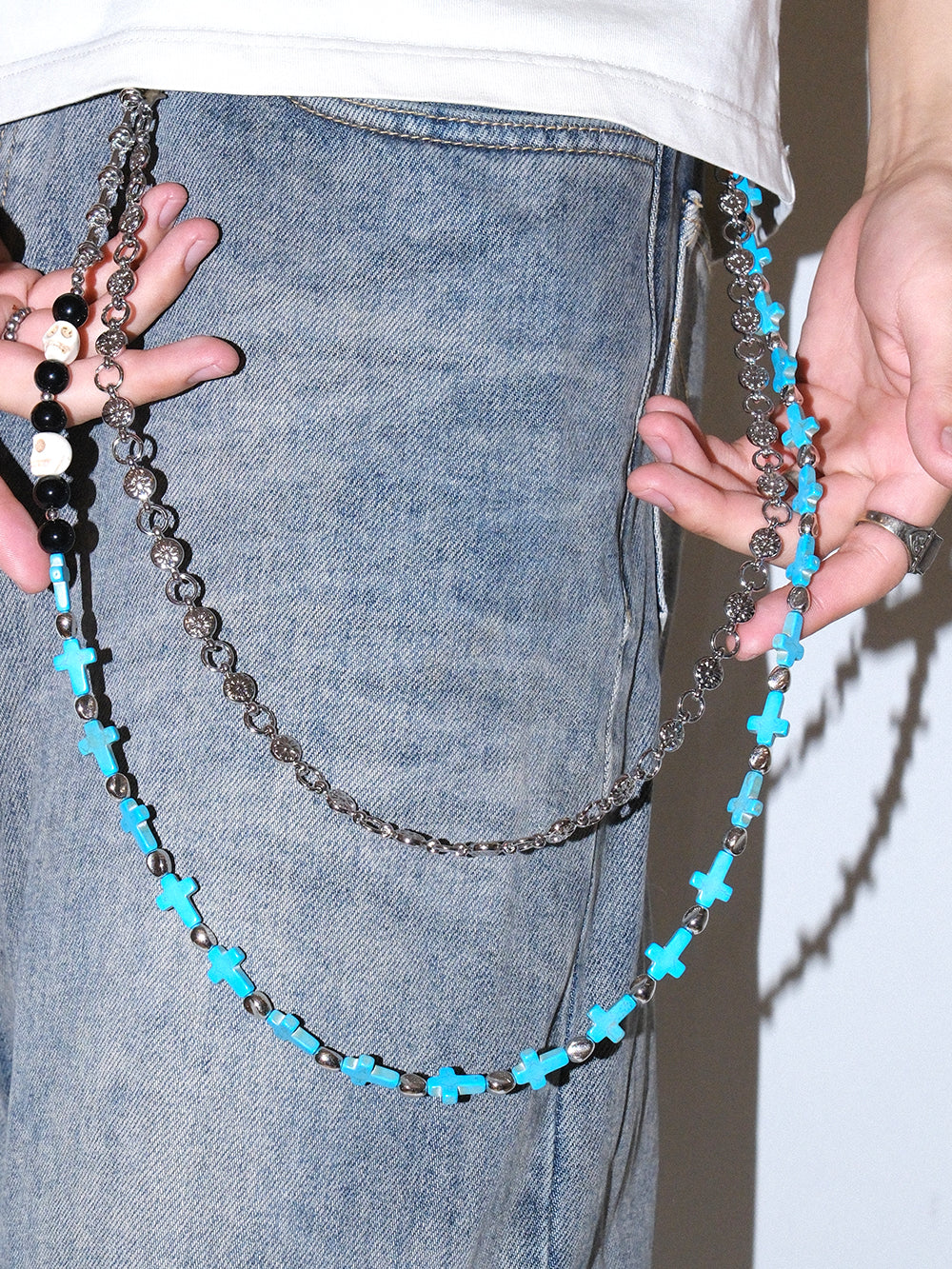 Blue Skull Cross Studded Pants Chain