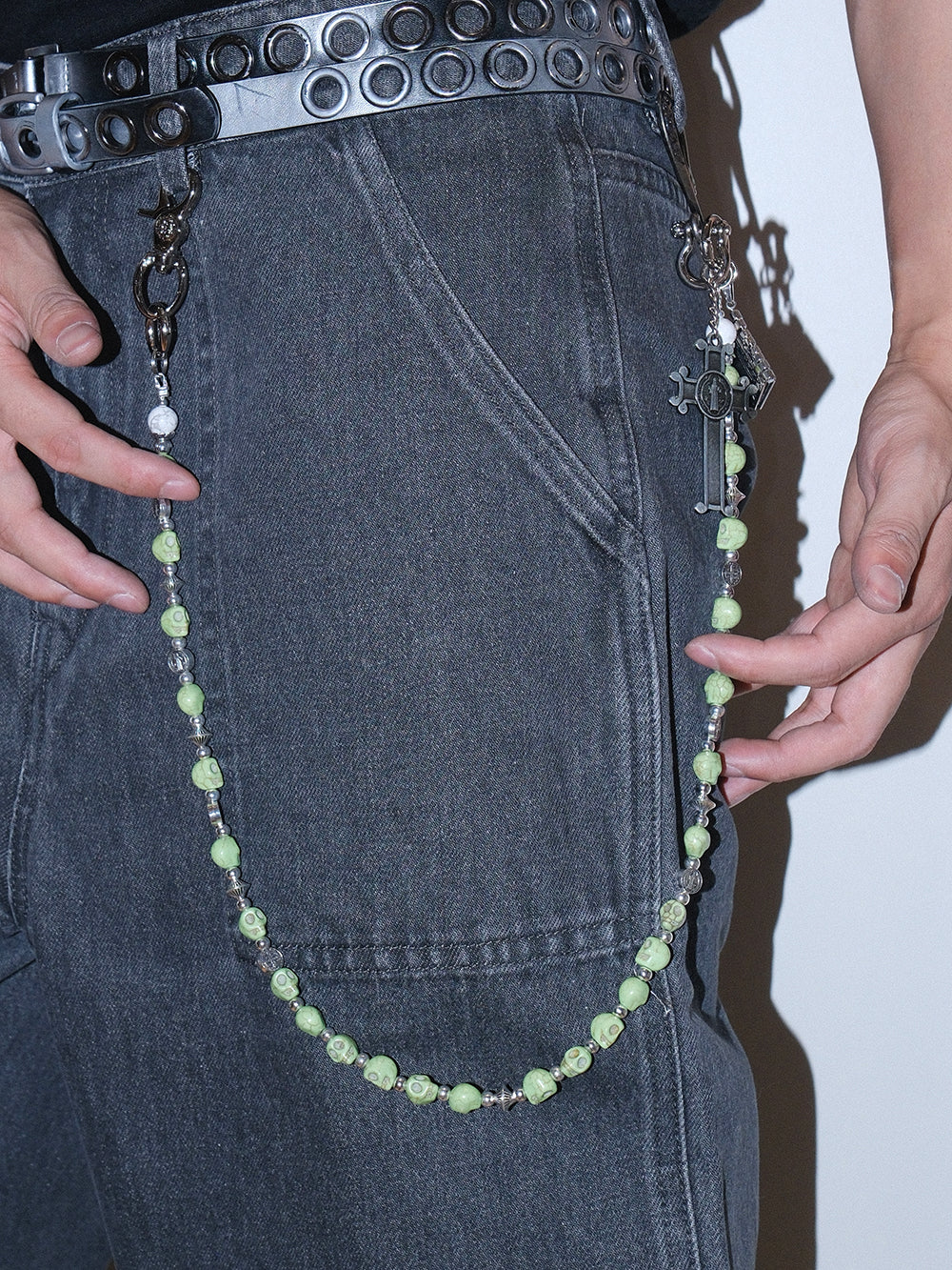 Gothic Green Skull Cross Turquoise Pendant Chain