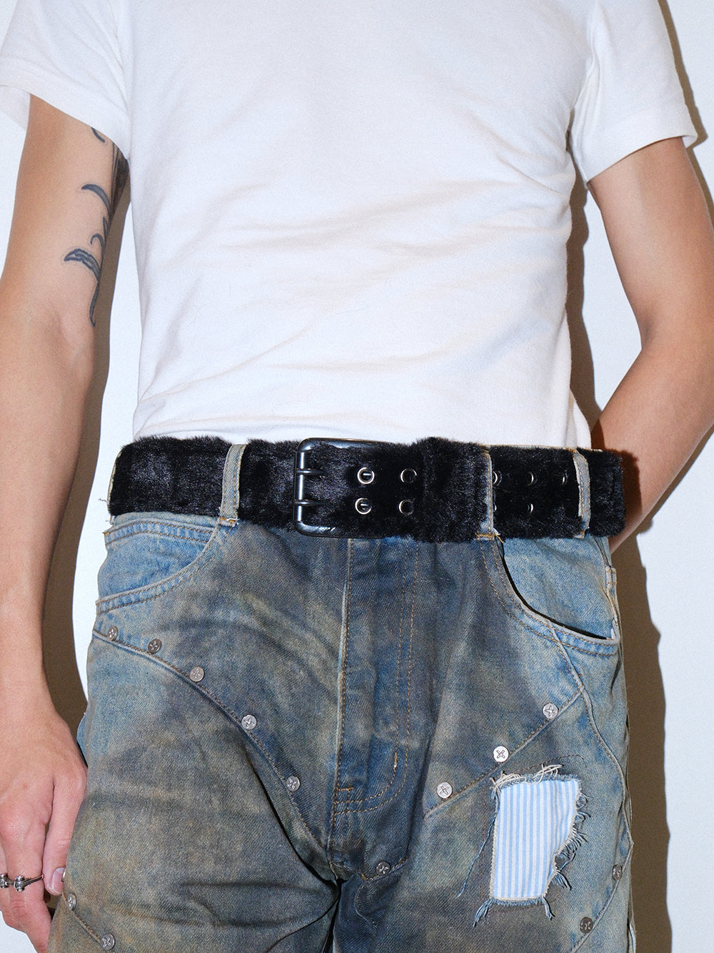Y2K Long Hair Fur Leather Studded Belt