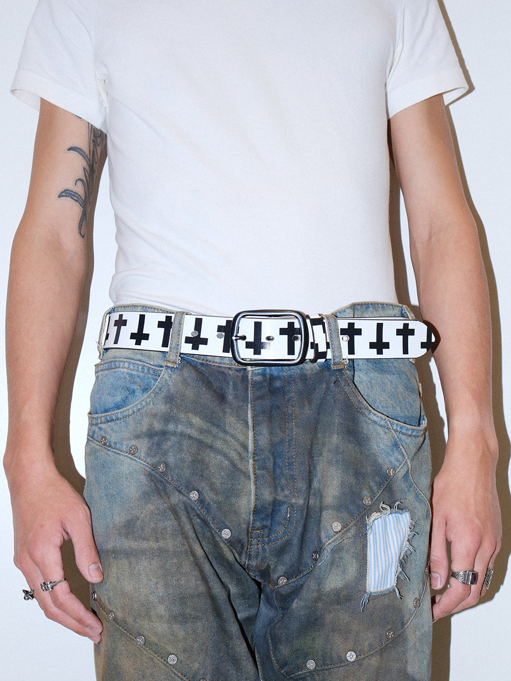 Punk Vintage Cross Print Distressed Leather Belt