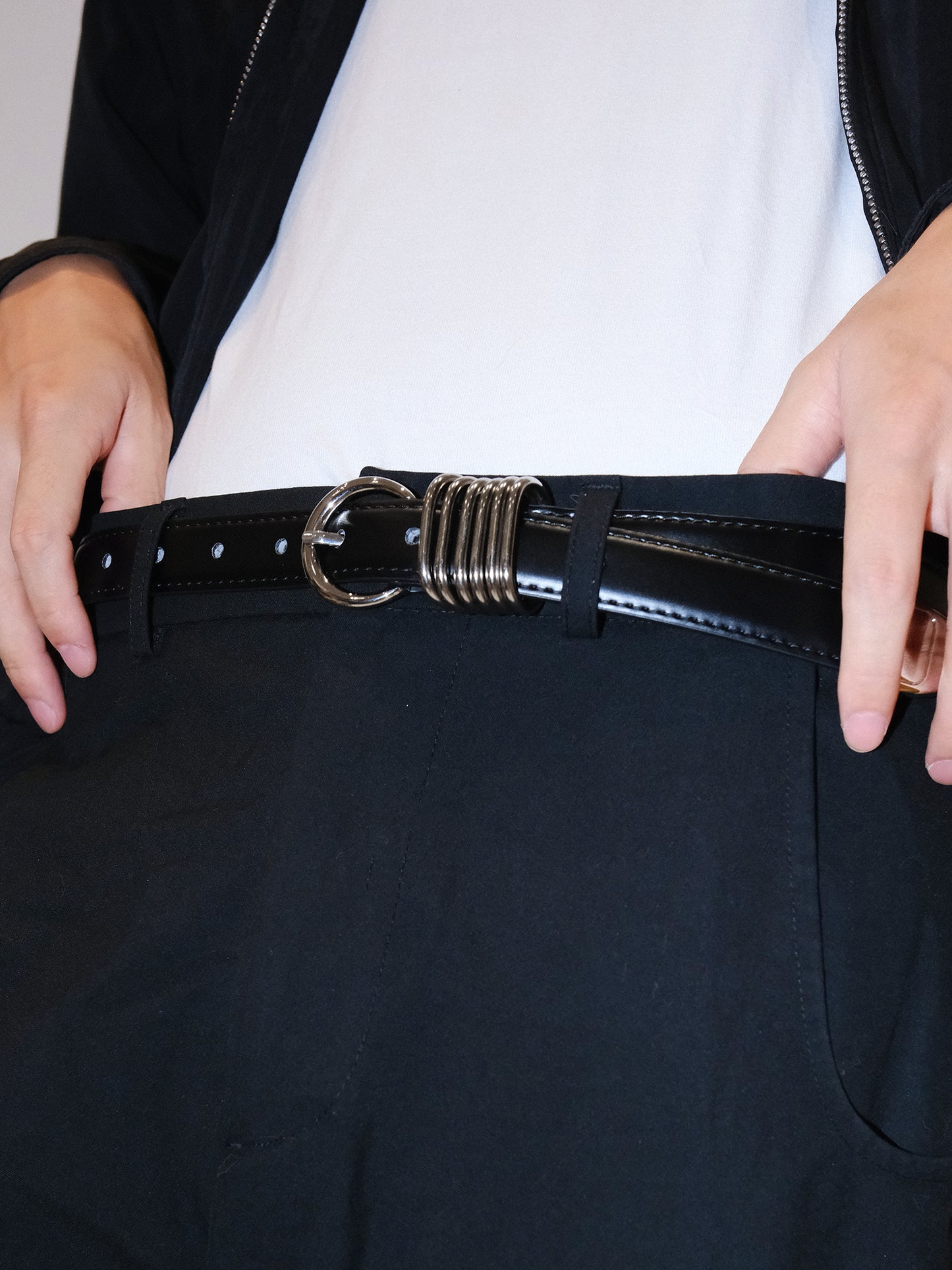 Minimalist Silver Ring Black Leather Belt