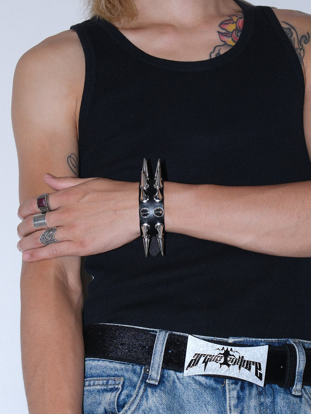 Black Double Row Spiked Punk Rock Bracelet