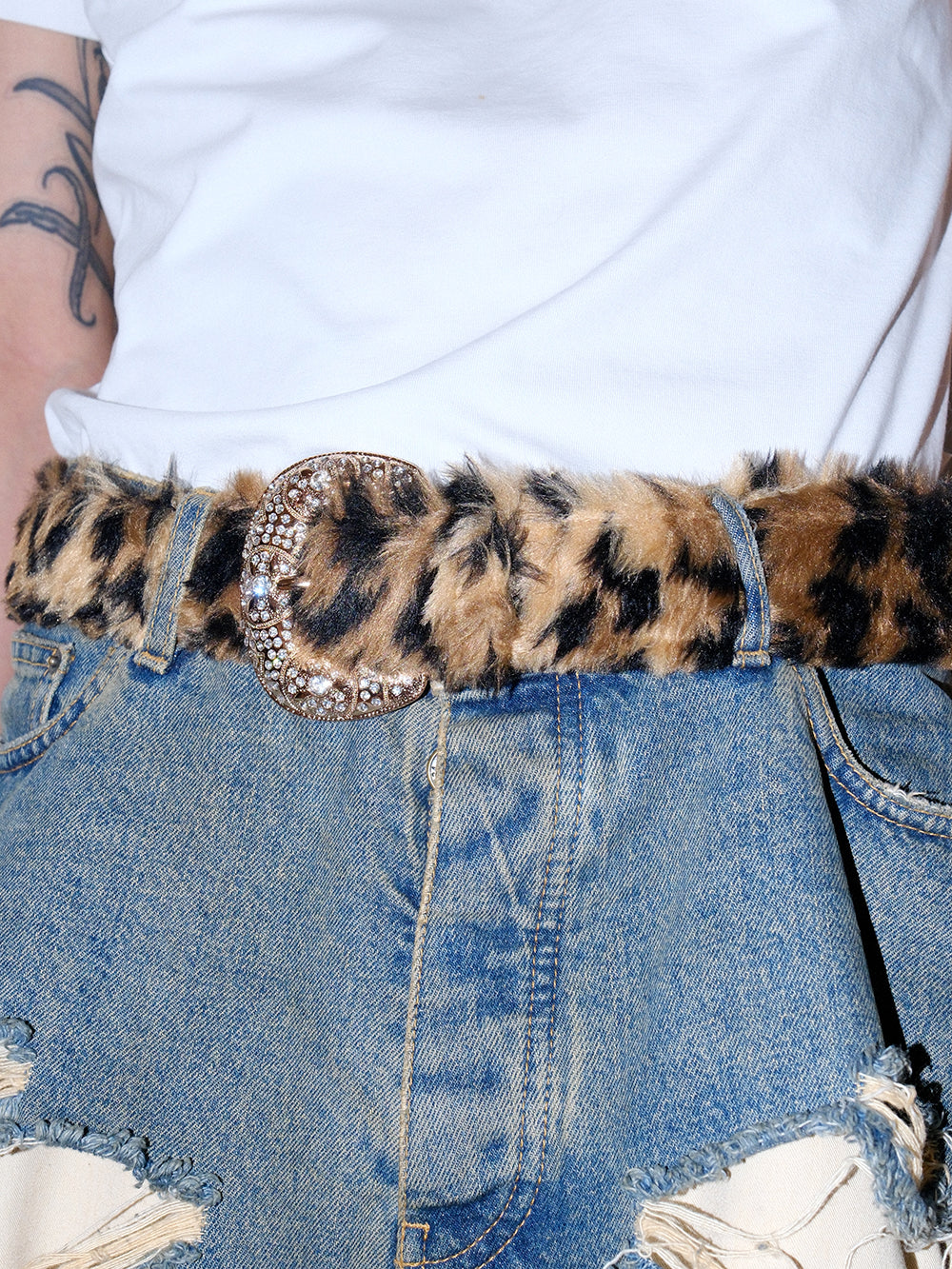 Y2K Retro Faux Fur Leopard Rhinestone Belt