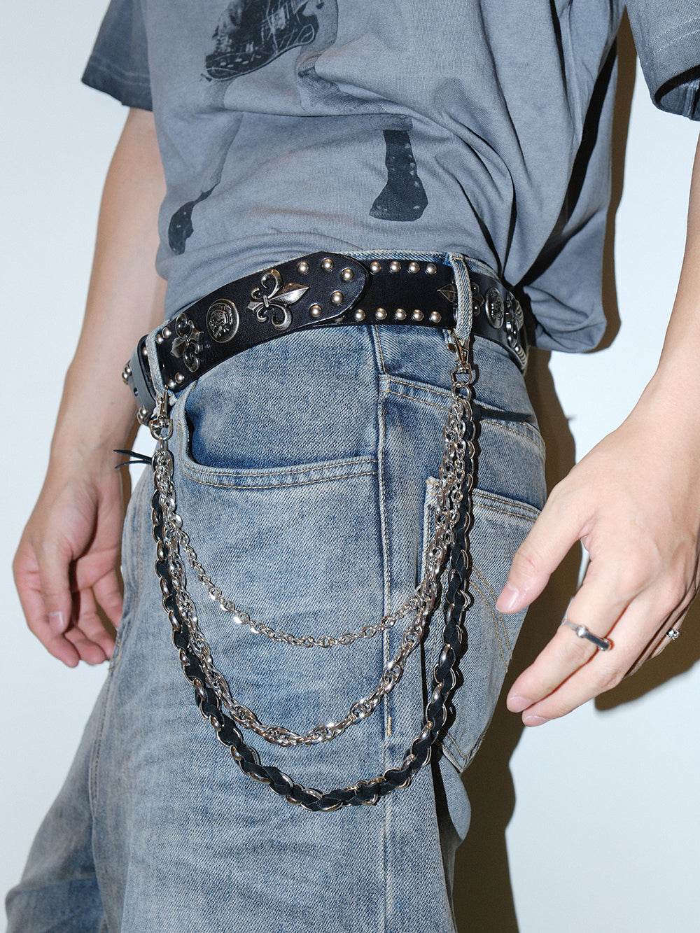 Braided Leather Triple Chain Metal Hook Pants Chain
