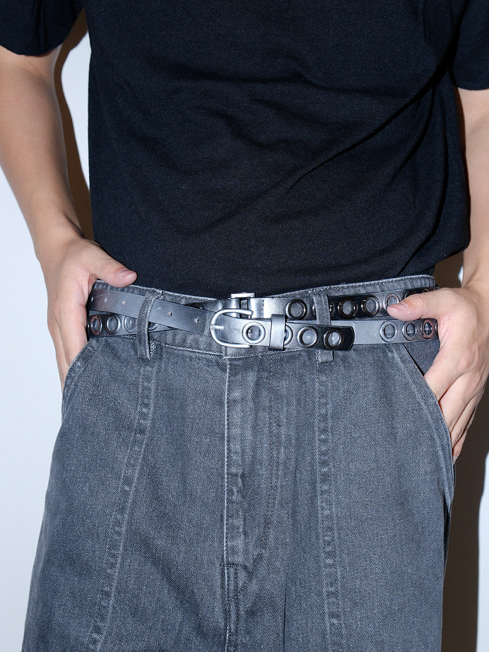 Silver Eyelet Extra Long Double Wrap Slim Belt