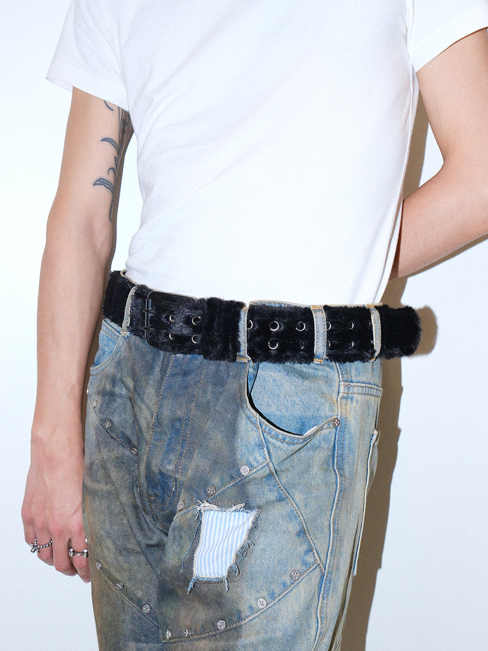 Y2K Long Hair Fur Leather Studded Belt