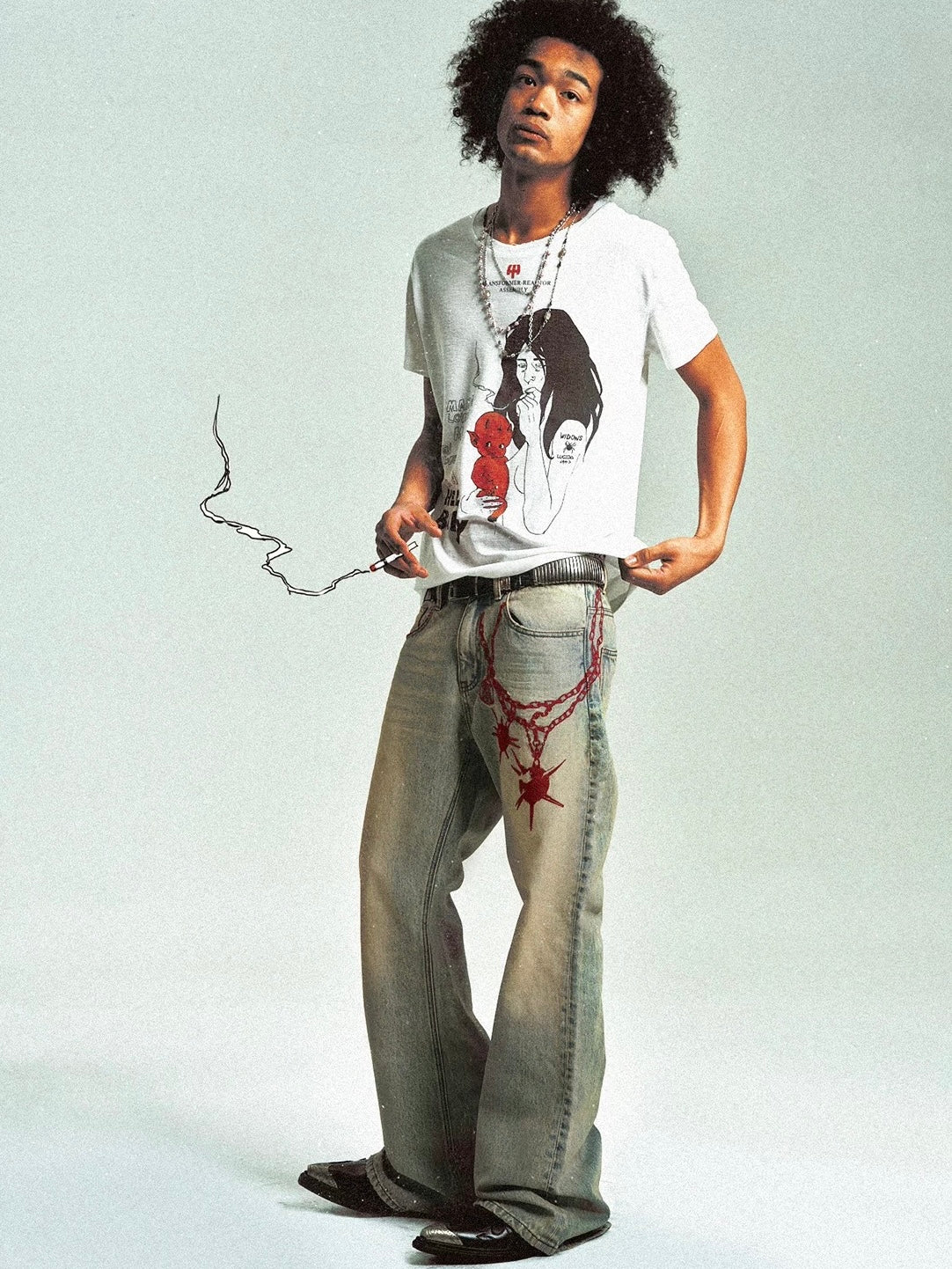 Retro Distressed Jeans with Meteor Mace Chain Embroidery