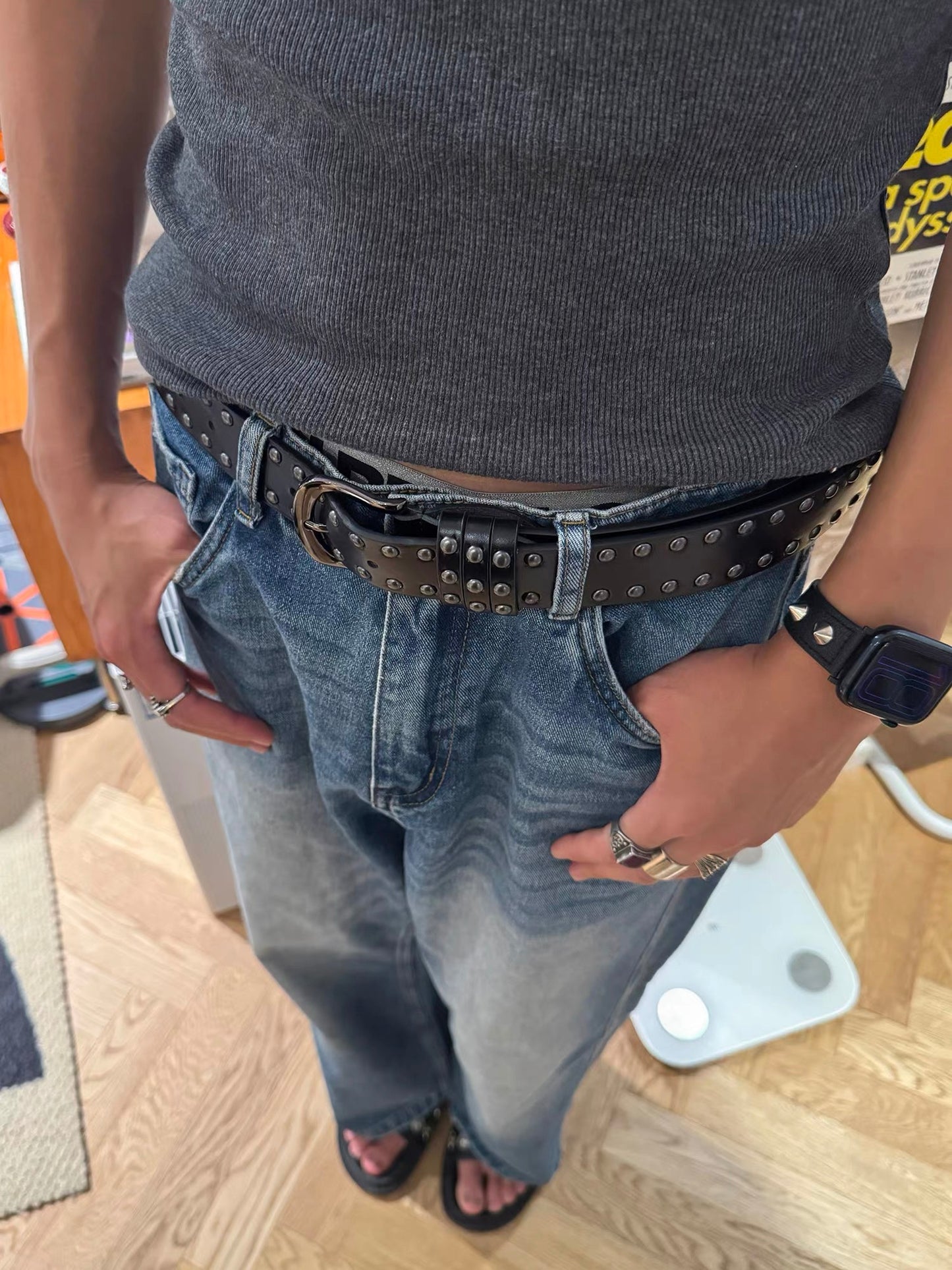 Black and white punk rivet belt