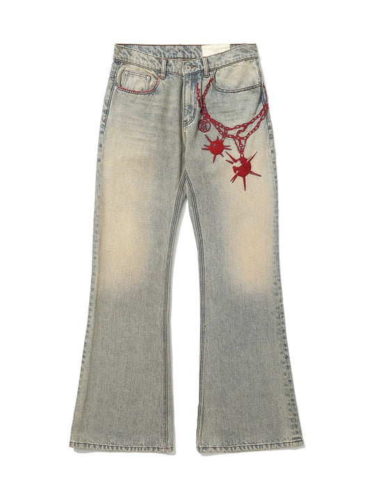 Retro Distressed Jeans with Meteor Mace Chain Embroidery