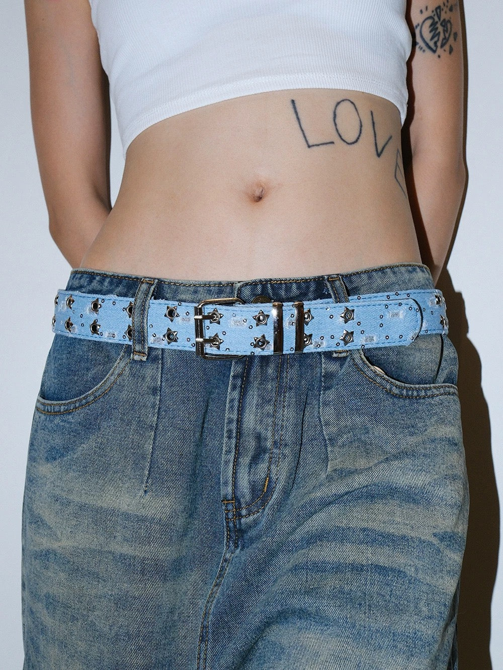 No-drill denim belt with sequins