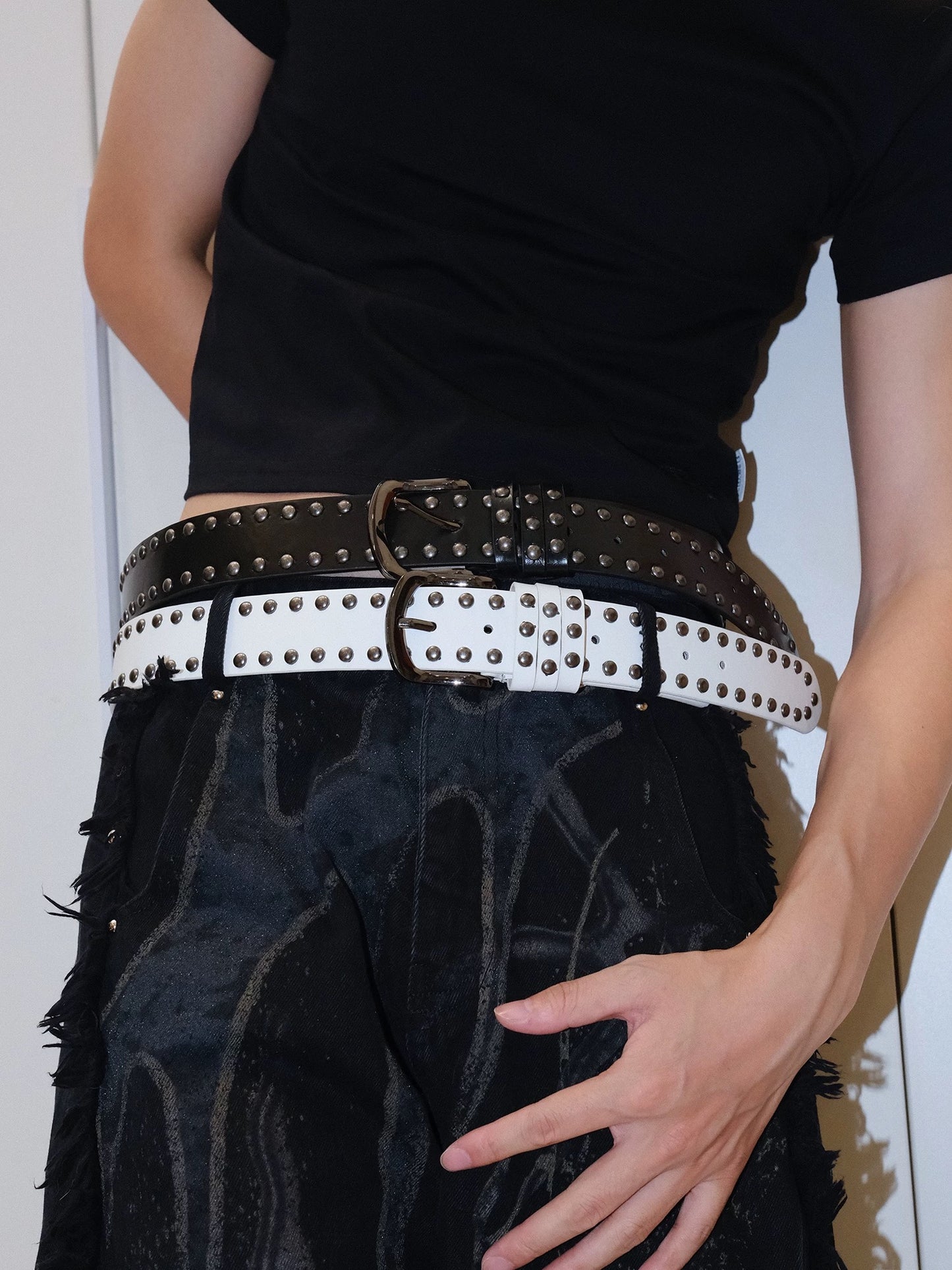 Black and white punk rivet belt