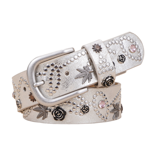 Distressed Floral Rhinestone Leather Belt