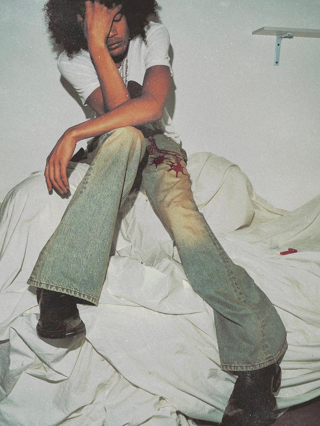 Retro Distressed Jeans with Meteor Mace Chain Embroidery