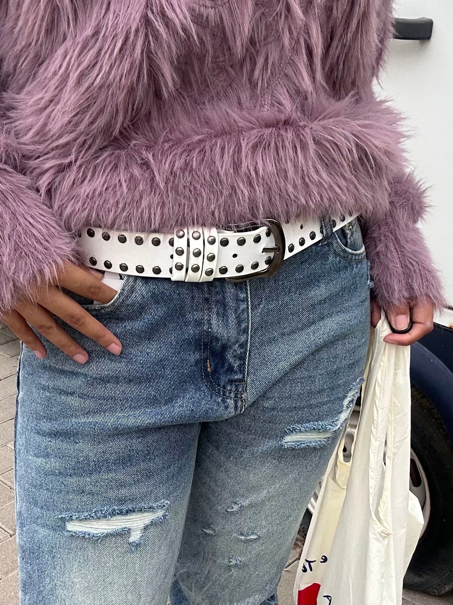 Black and white punk rivet belt
