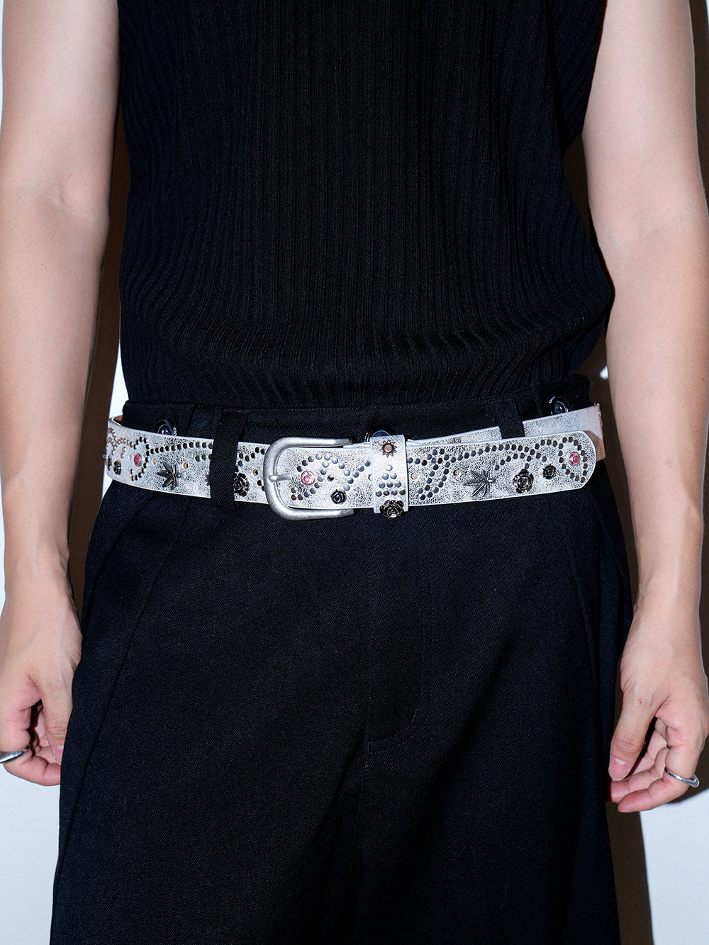 Distressed Floral Rhinestone Leather Belt