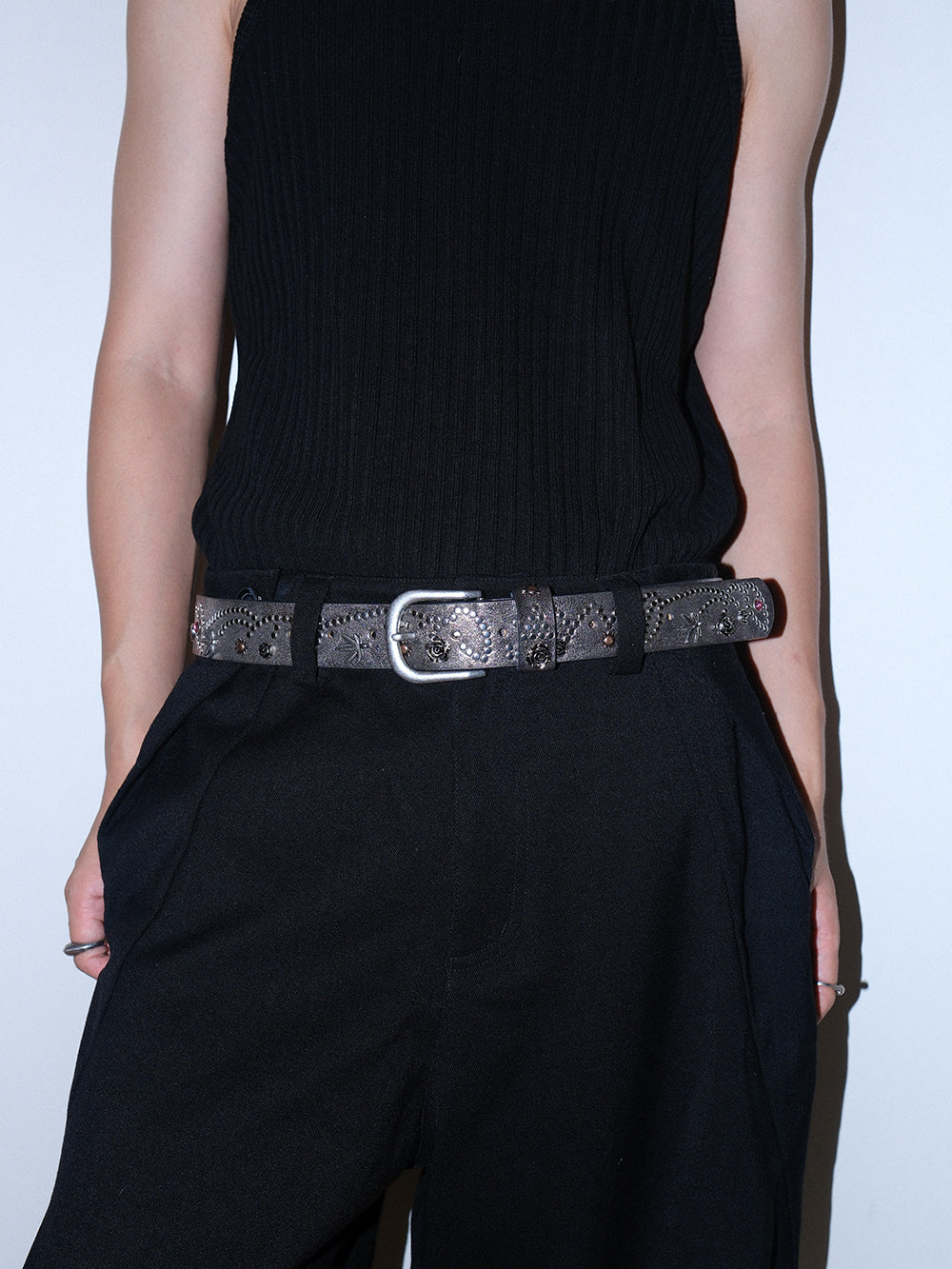 Distressed Floral Rhinestone Leather Belt