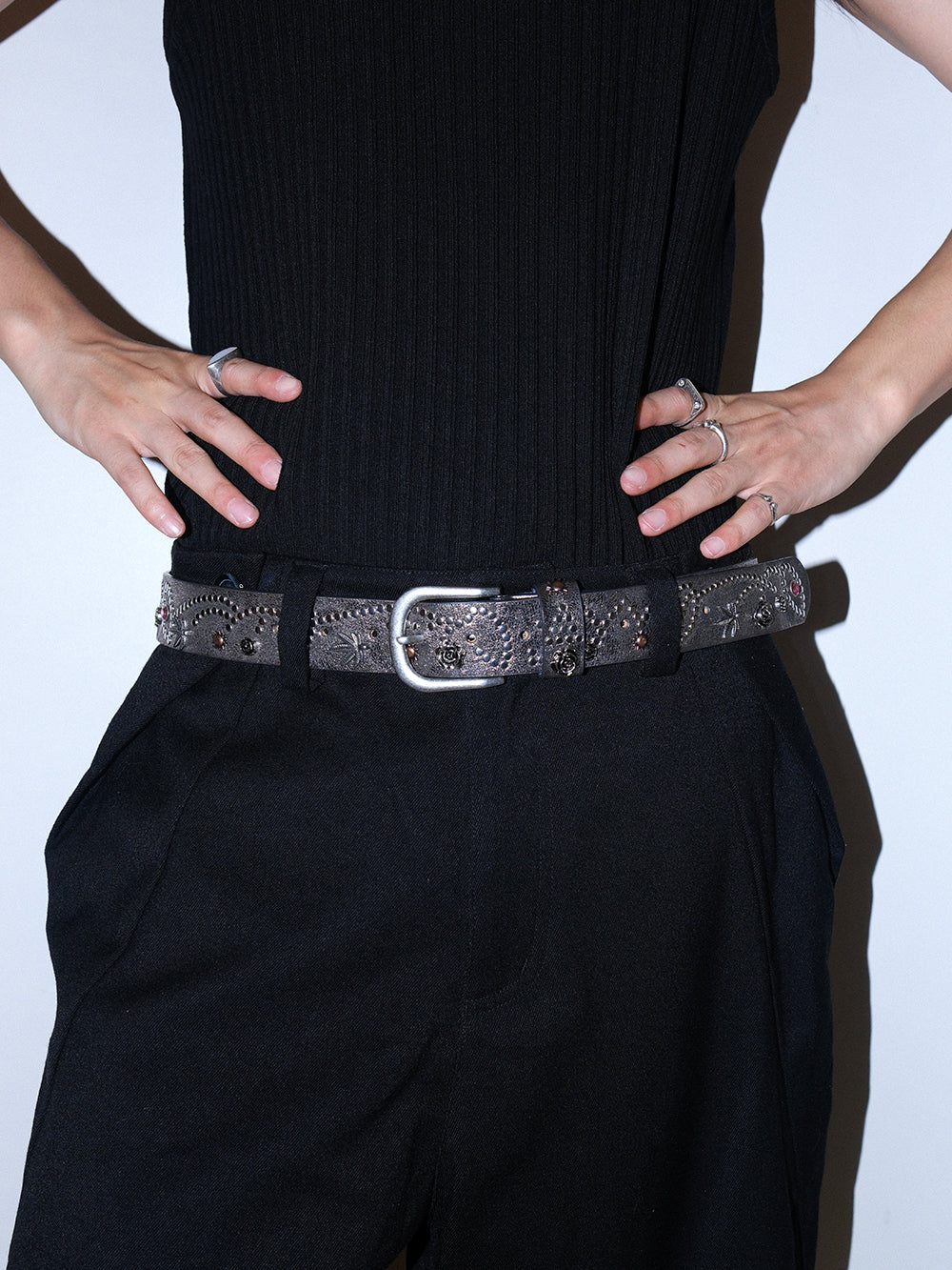 Distressed Floral Rhinestone Leather Belt