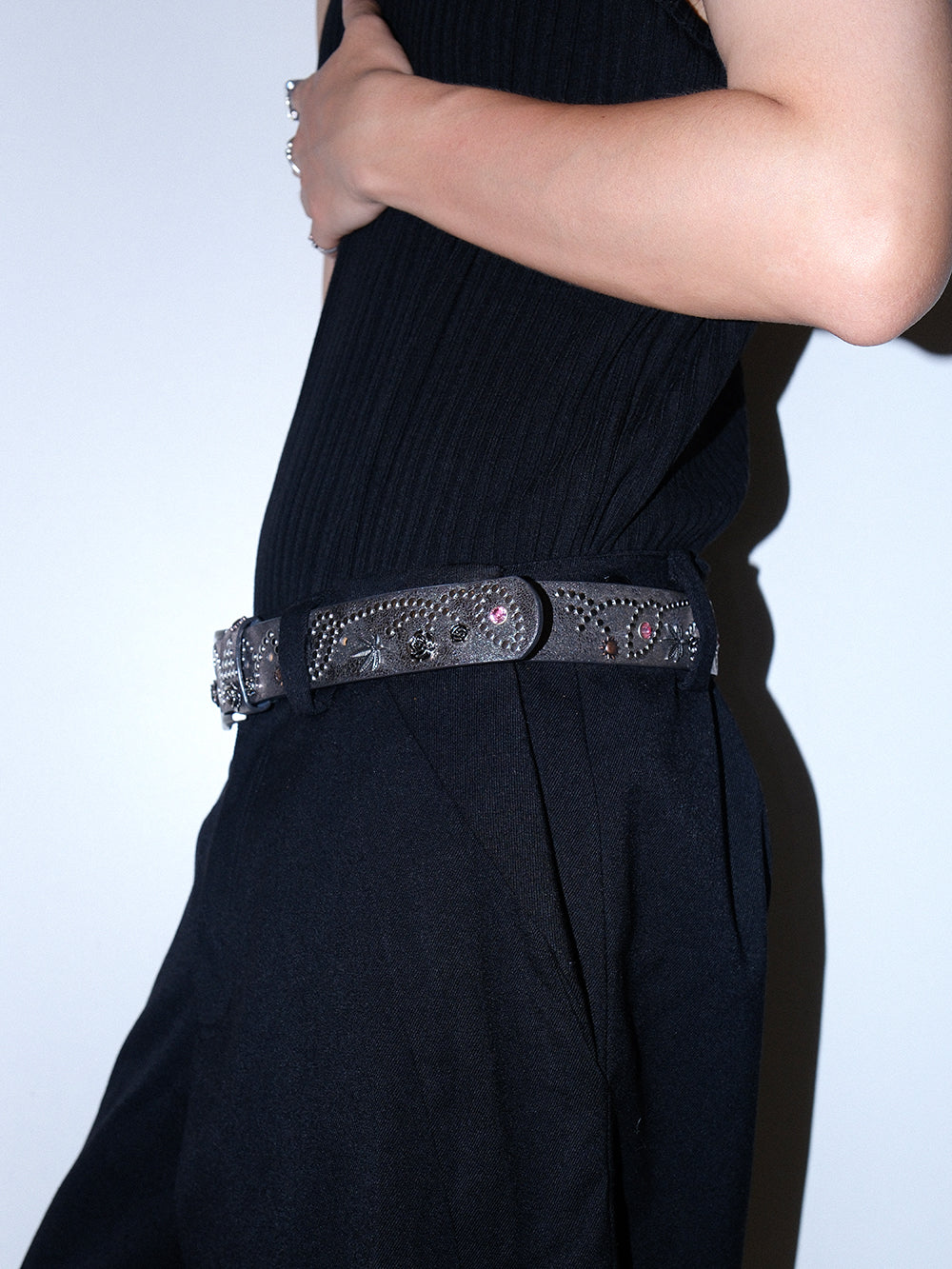 Distressed Floral Rhinestone Leather Belt