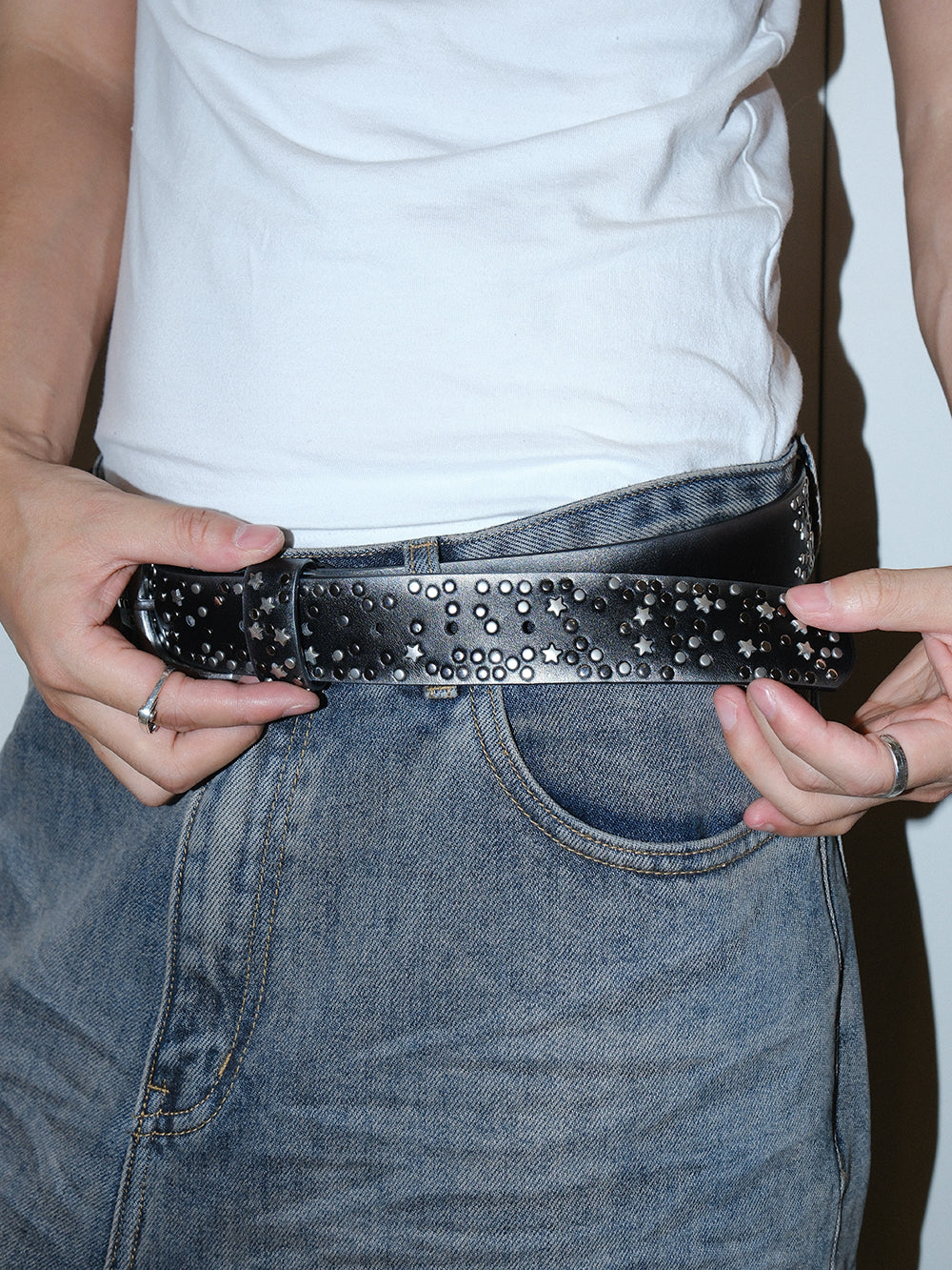 Y2K Distressed Star Stud Metal Pin Buckle Belt