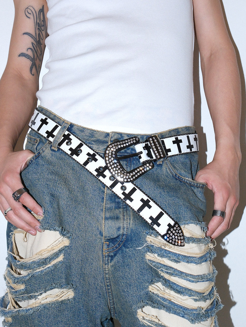 Y2K Gothic Rhinestone Cross Leather Belt
