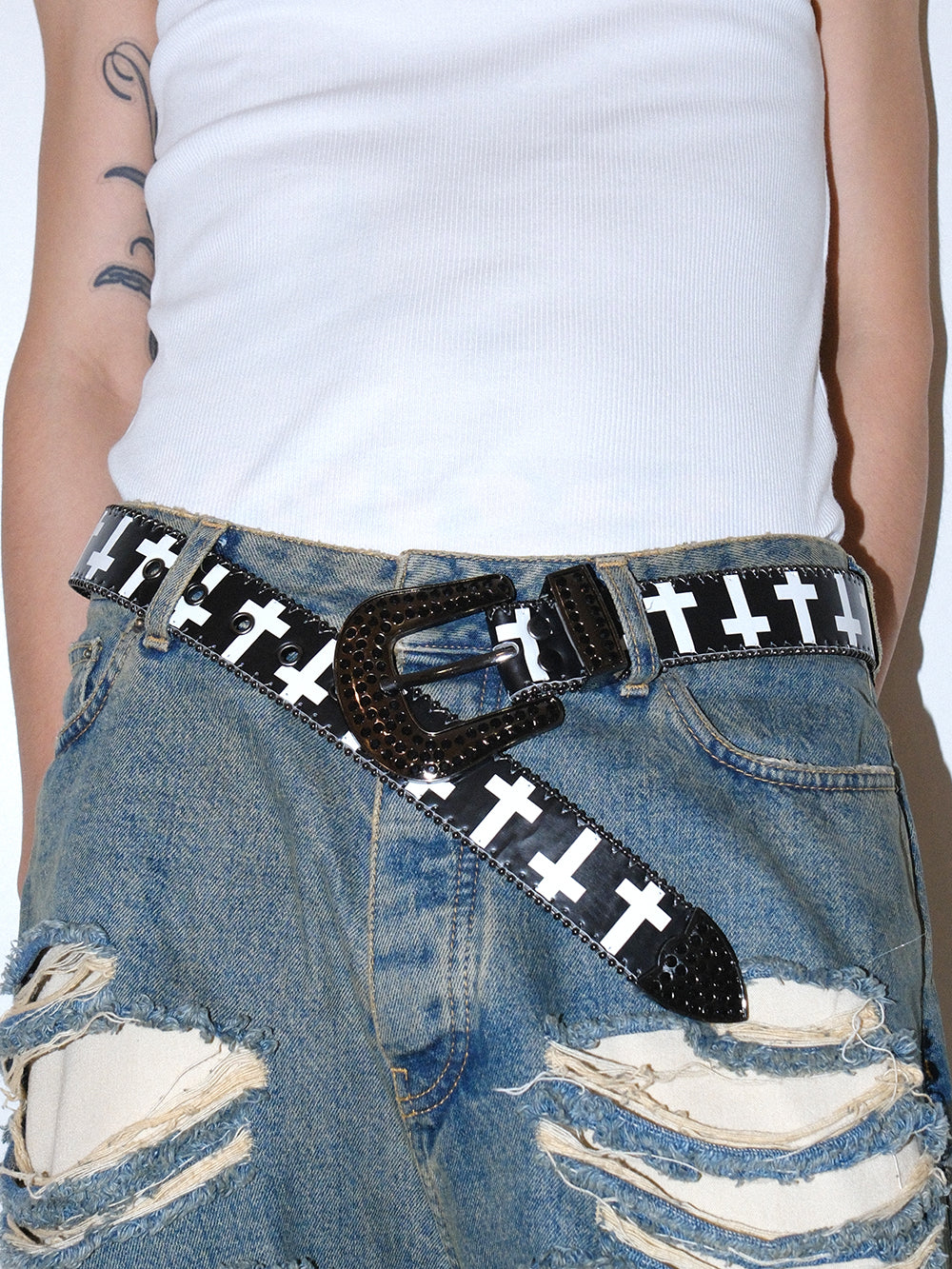 Y2K Gothic Rhinestone Cross Leather Belt